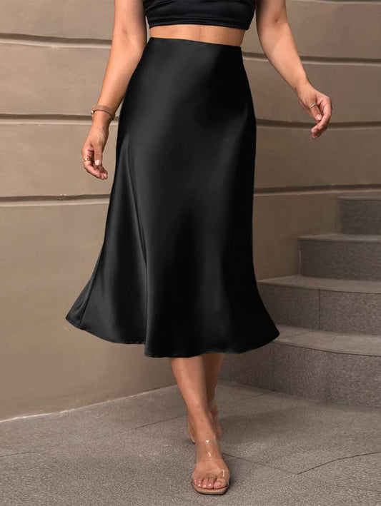 Sloane Silky Satin High-Waist Flared A-Line Midi Skirt - Black