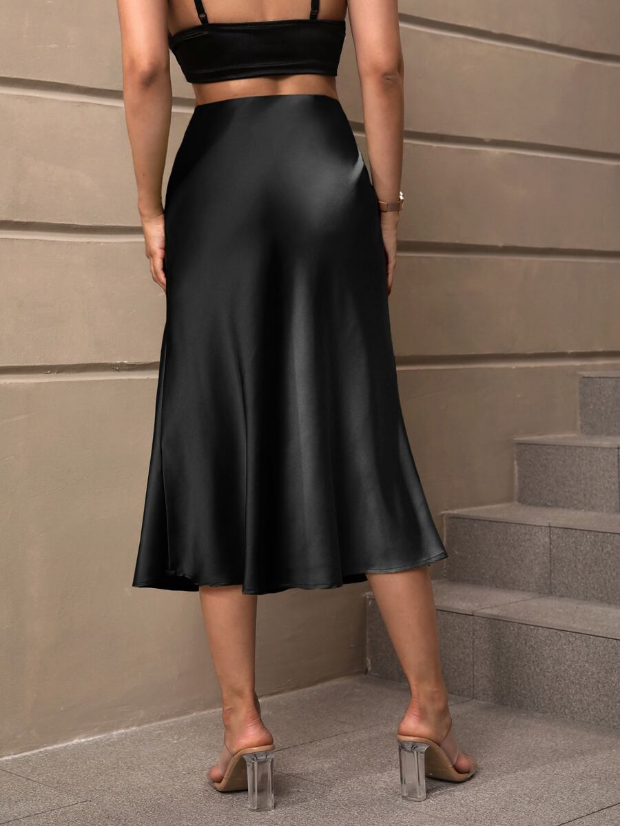 Sloane Silky Satin High-Waist Flared A-Line Midi Skirt - Black