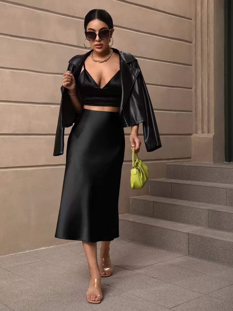 Sloane Silky Satin High-Waist Flared A-Line Midi Skirt - Black