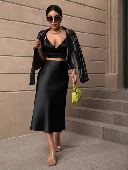 Sloane Silky Satin High-Waist Flared A-Line Midi Skirt - Black