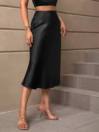 Sloane Silky Satin High-Waist Flared A-Line Midi Skirt - Black