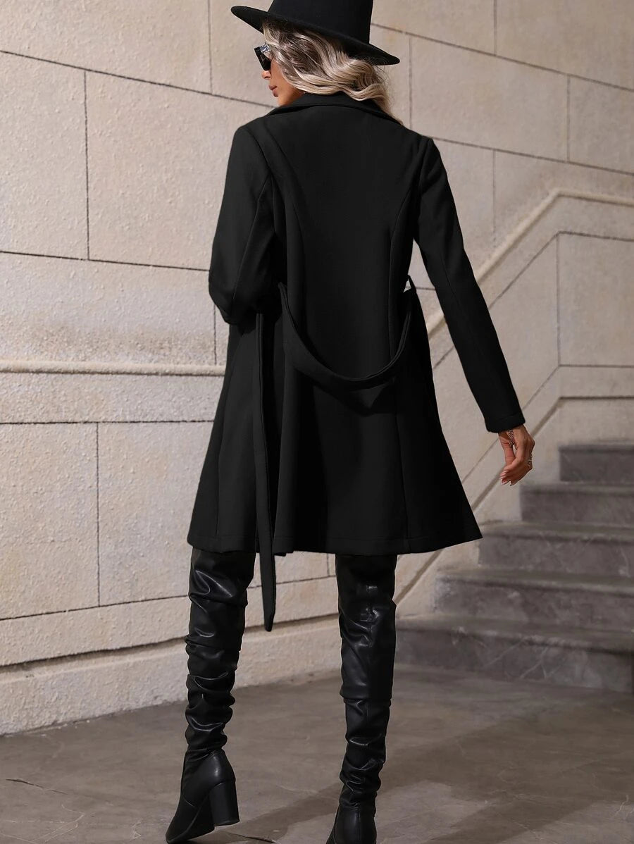 Dorothea Belted Double-Breasted Coat with Flared Hem - Red