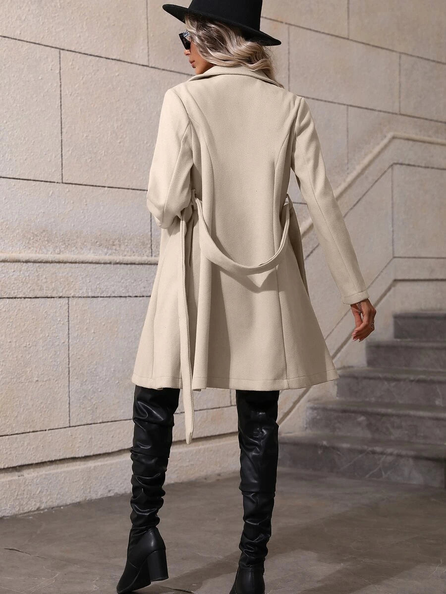 Dorothea Belted Double-Breasted Coat with Flared Hem - Black