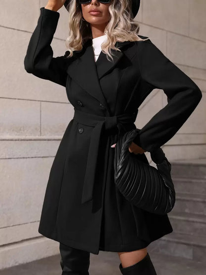 Dorothea Belted Double-Breasted Coat with Flared Hem - Beige