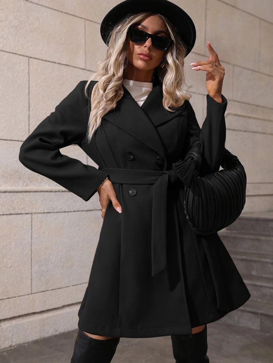 Dorothea Belted Double-Breasted Coat with Flared Hem - Black