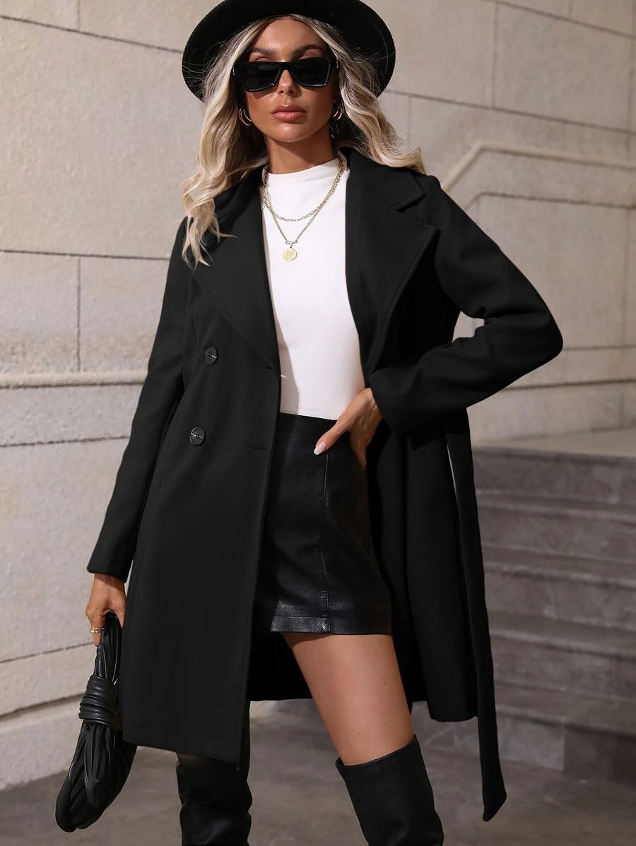 Dorothea Belted Double-Breasted Coat with Flared Hem - Beige