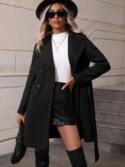 Dorothea Belted Double-Breasted Coat with Flared Hem - Beige