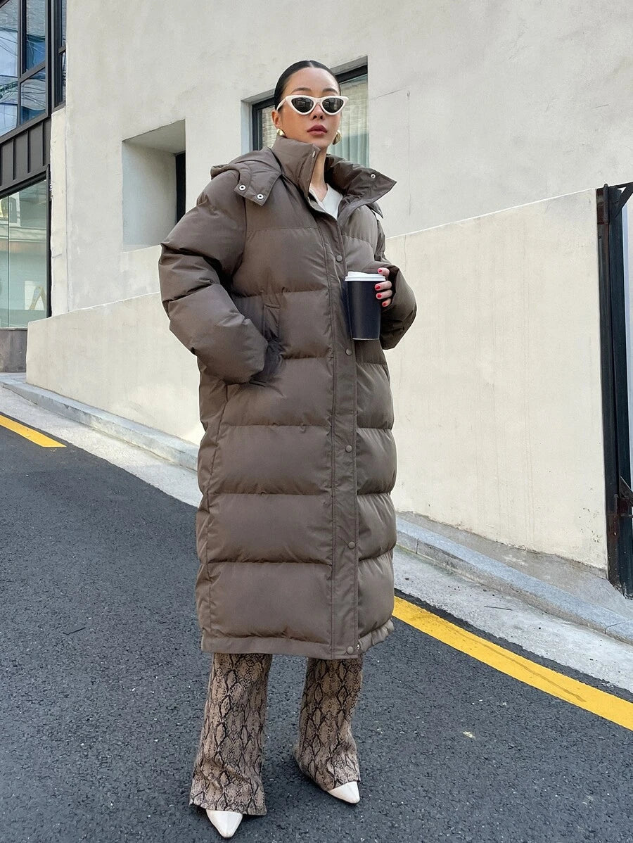 Corinne Long Hooded Puffer Coat with Zip Front and Pockets - Mocha
