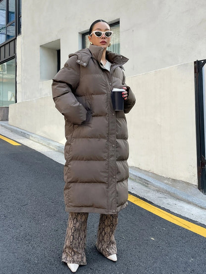 Corinne Long Hooded Puffer Coat with Zip Front and Pockets - Mocha