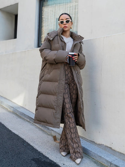 Corinne Long Hooded Puffer Coat with Zip Front and Pockets - Mocha