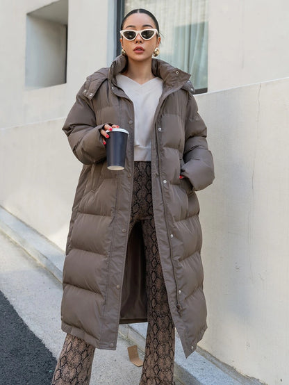 Corinne Long Hooded Puffer Coat with Zip Front and Pockets - Mocha