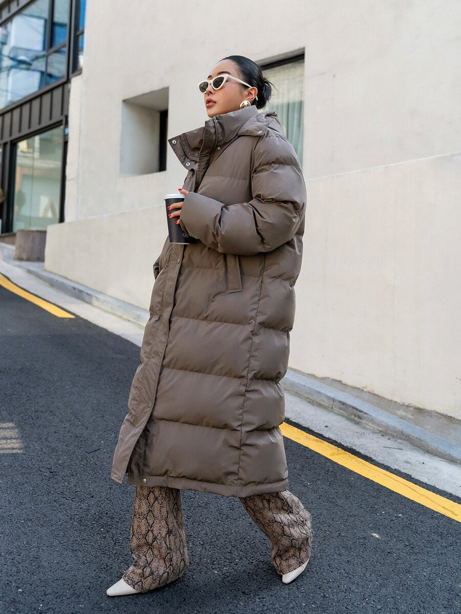 Corinne Long Hooded Puffer Coat with Zip Front and Pockets - Mocha