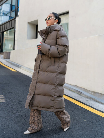 Corinne Long Hooded Puffer Coat with Zip Front and Pockets - Mocha