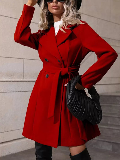 Dorothea Belted Double-Breasted Coat with Flared Hem - Red