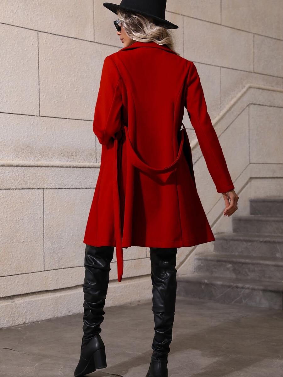 Dorothea Belted Double-Breasted Coat with Flared Hem - Burgundy