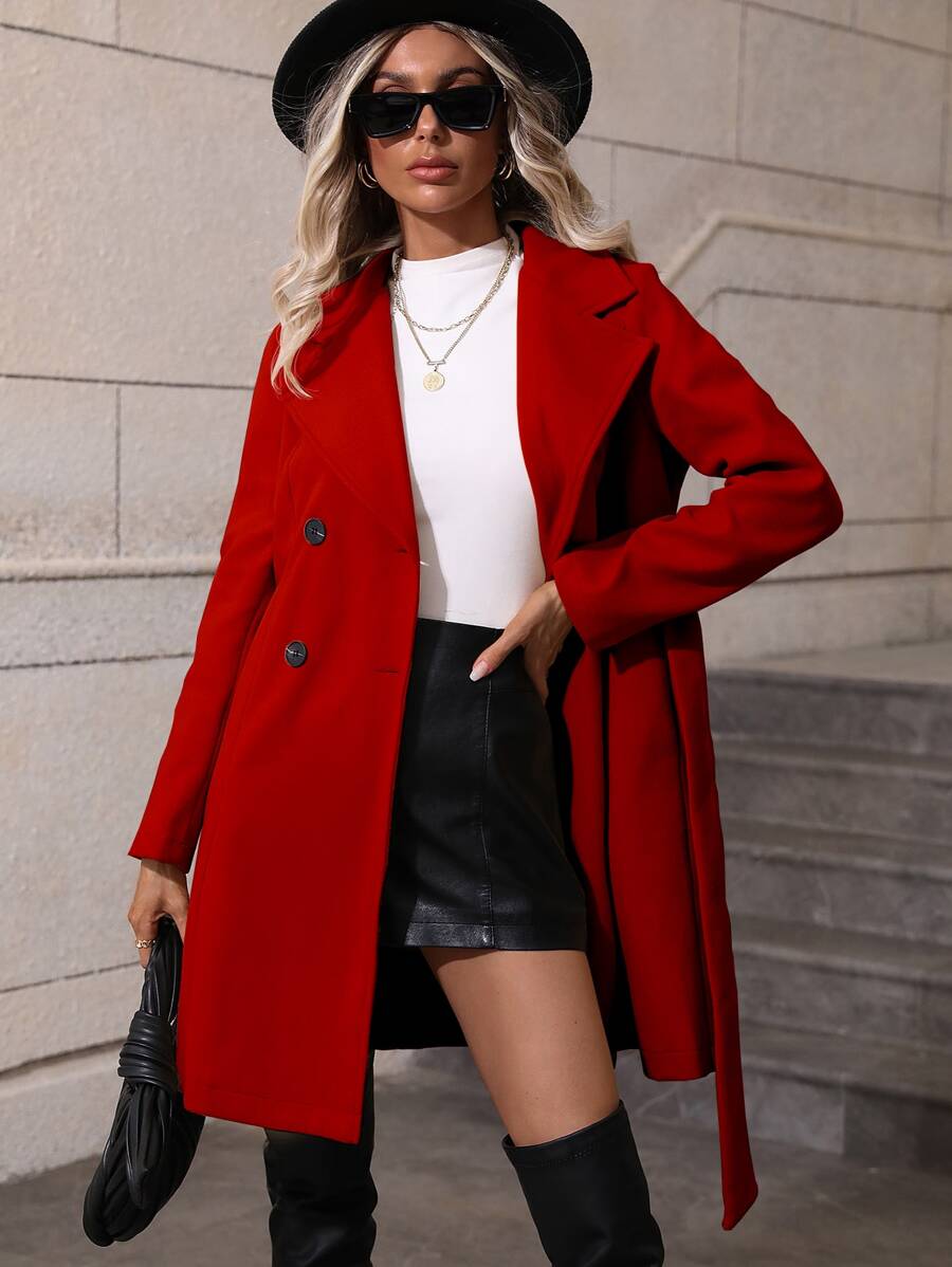 Dorothea Belted Double-Breasted Coat with Flared Hem - Black