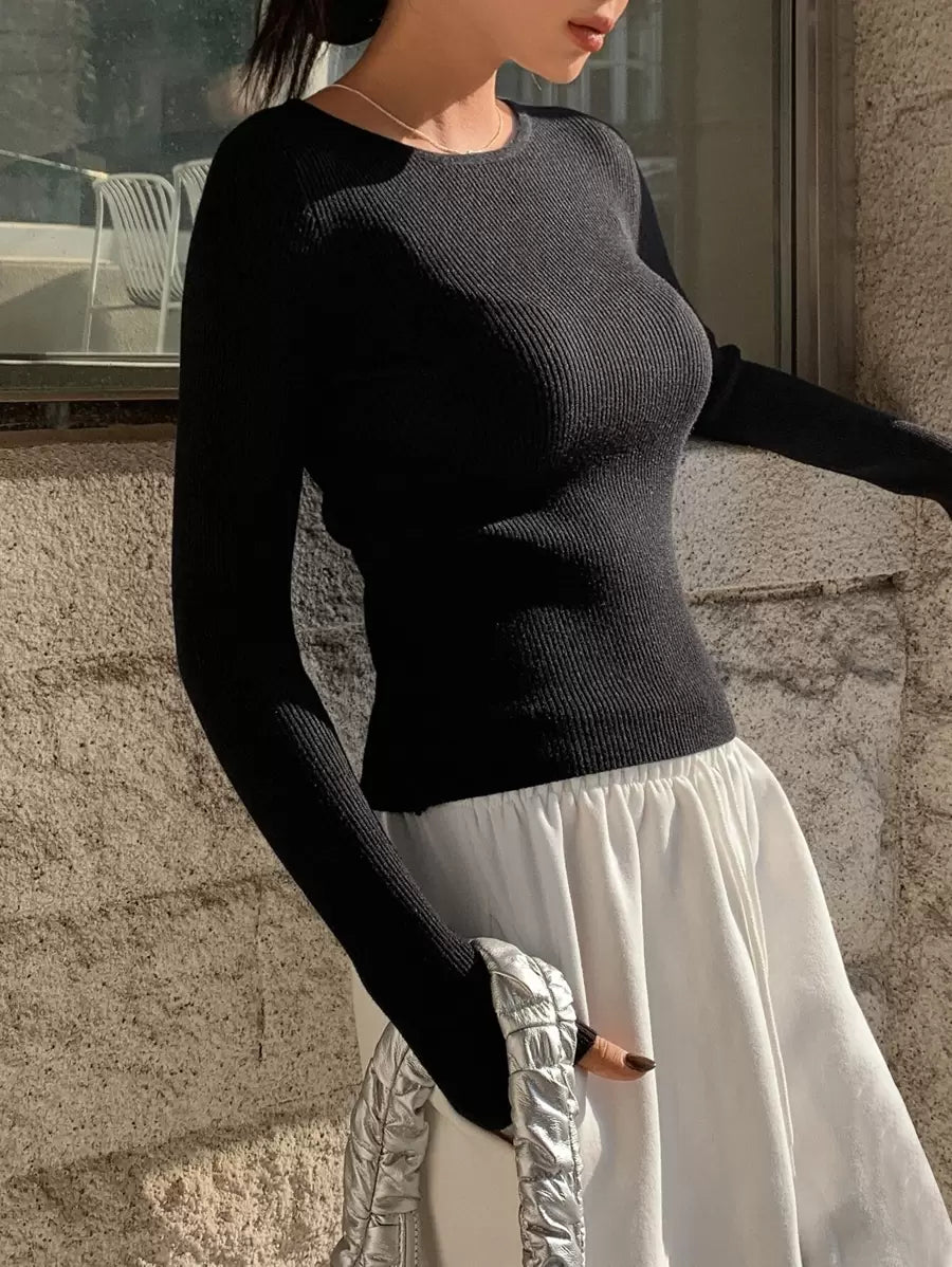 Krakow Ribbed Knit Crew Neck Fitted Pullover Sweater