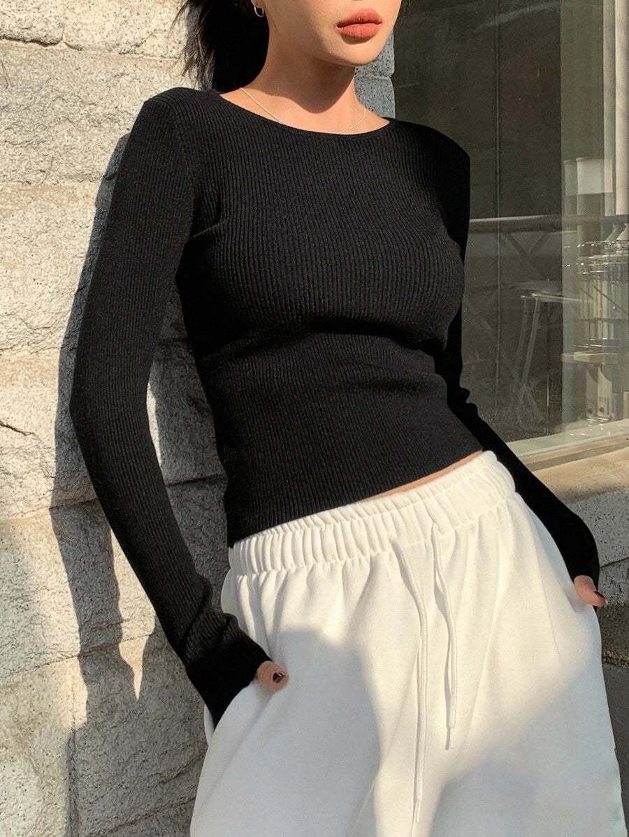 Krakow Ribbed Knit Crew Neck Fitted Pullover Sweater