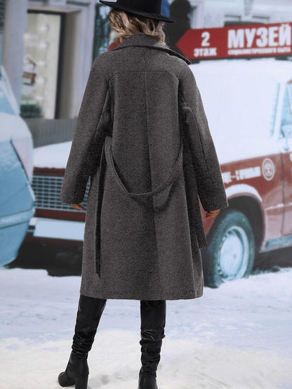 Elspeth Double Breasted Belted Midi Coat with Lapel Collar - Charcoal Grey