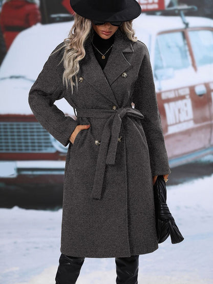 Elspeth Double Breasted Belted Midi Coat with Lapel Collar - Charcoal Grey