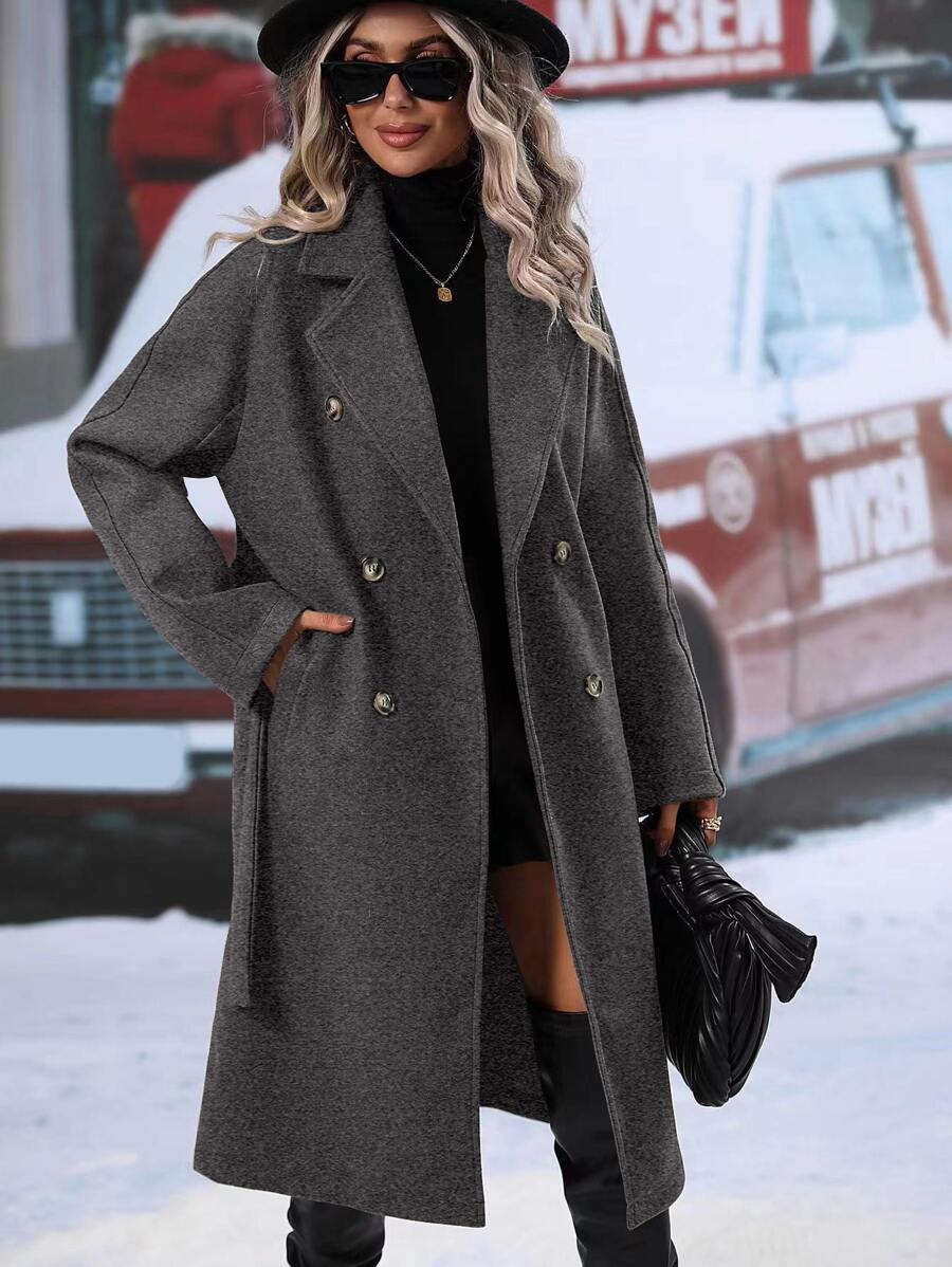 Elspeth Double Breasted Belted Midi Coat with Lapel Collar - Charcoal Grey