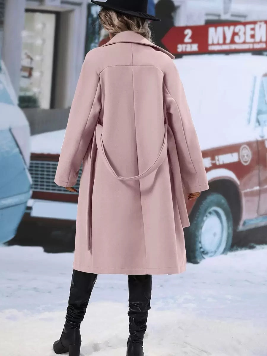 Elspeth Double Breasted Belted Midi Coat with Lapel Collar - Dusty Pink