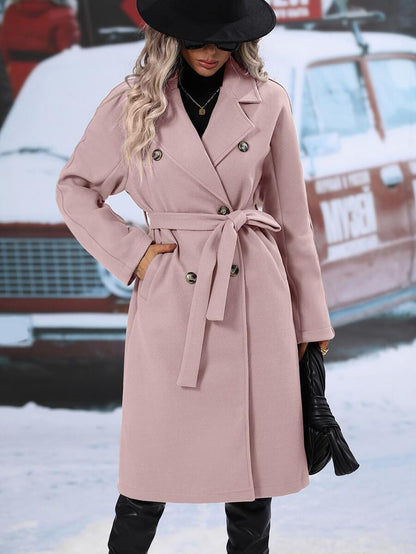 Elspeth Double Breasted Belted Midi Coat with Lapel Collar - Dusty Pink