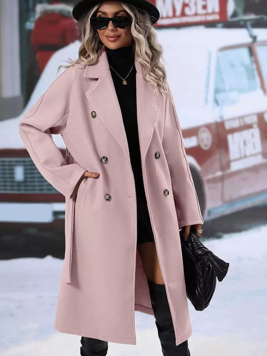 Elspeth Double Breasted Belted Midi Coat with Lapel Collar - Dusty Pink
