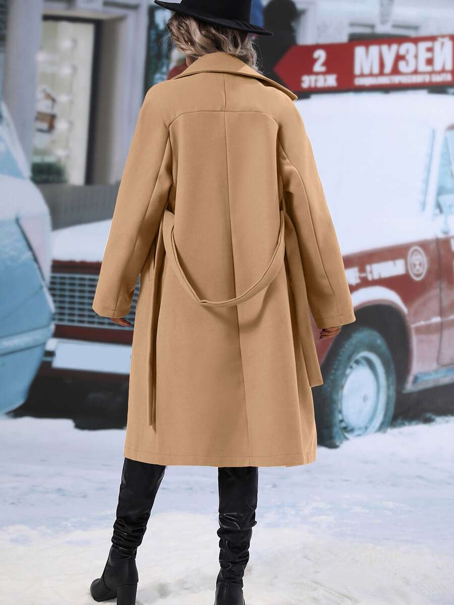 Elspeth Double Breasted Belted Midi Coat with Lapel Collar - Camel