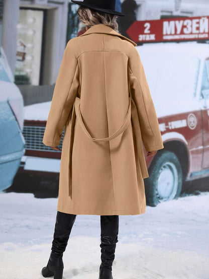 Elspeth Double Breasted Belted Midi Coat with Lapel Collar - Camel