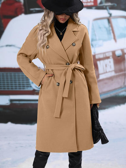 Elspeth Double Breasted Belted Midi Coat with Lapel Collar - Camel