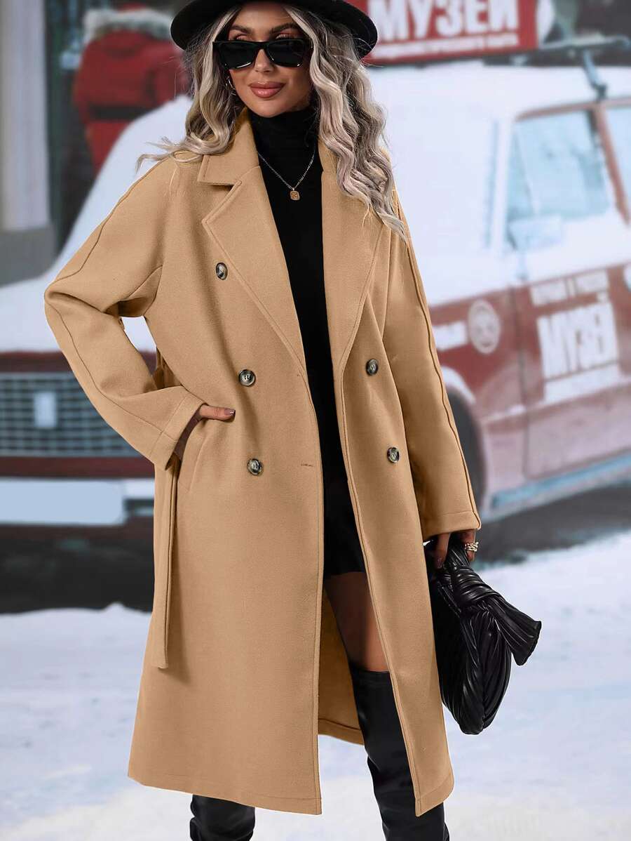 Elspeth Double Breasted Belted Midi Coat with Lapel Collar - Camel