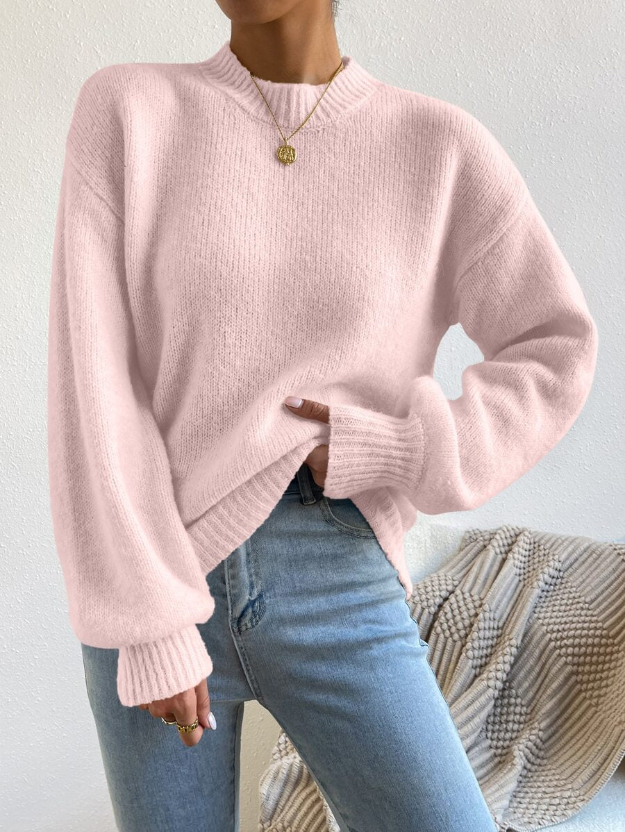 Viola Relaxed Mock Neck Sweater with Drop Shoulders - Baby Pink