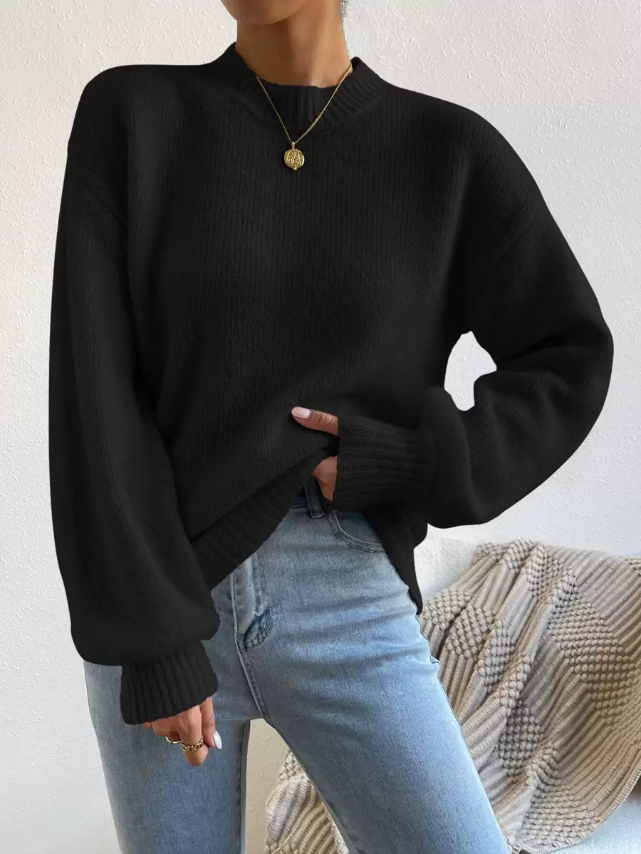 Viola Relaxed Mock Neck Sweater with Drop Shoulders - Black
