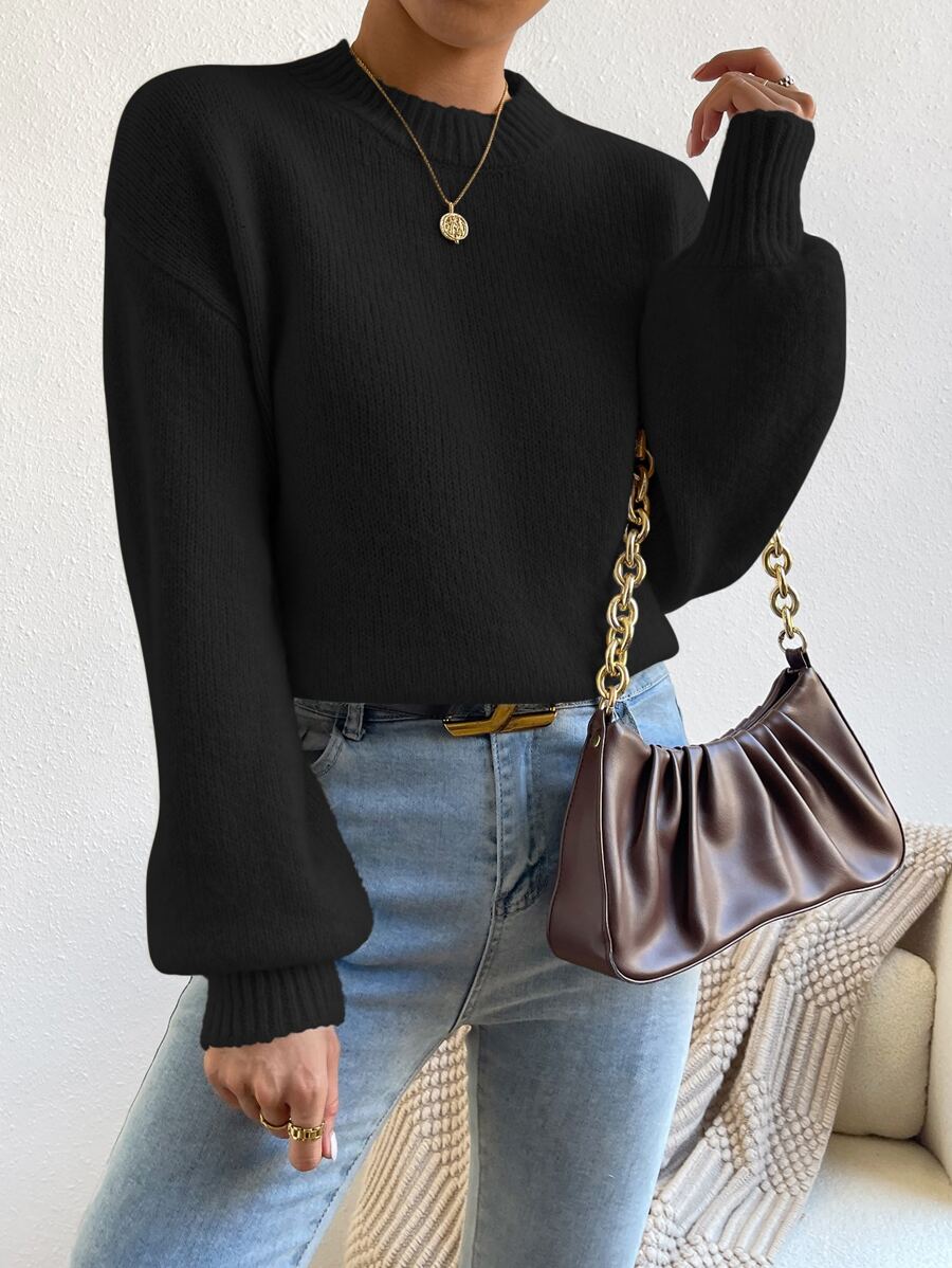 Viola Relaxed Mock Neck Sweater with Drop Shoulders - Black