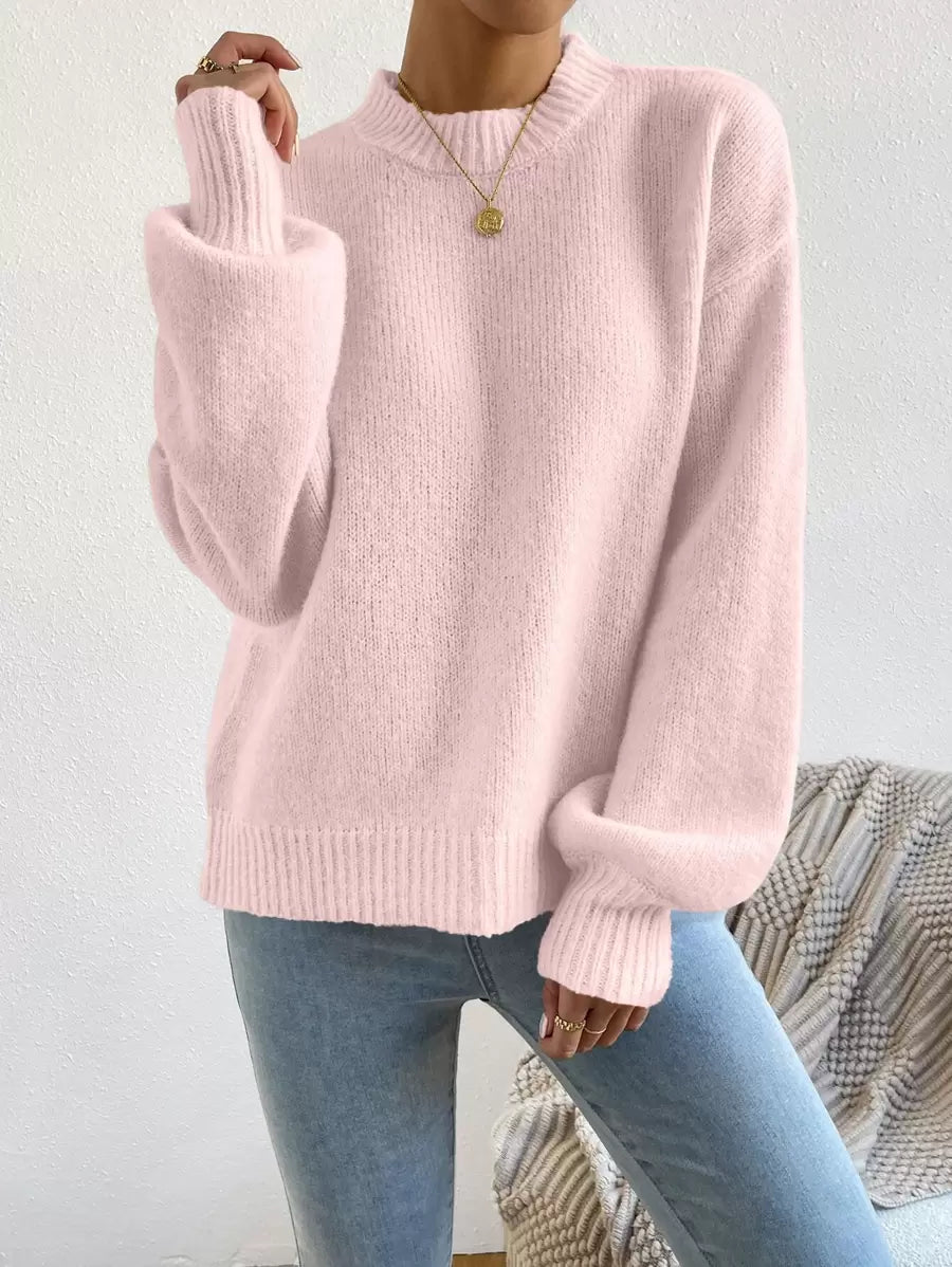 Viola Relaxed Mock Neck Sweater with Drop Shoulders - Baby Pink
