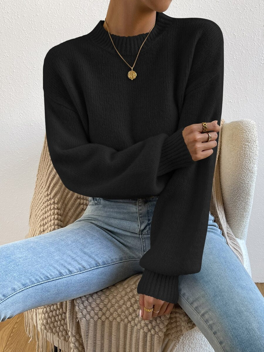 Viola Relaxed Mock Neck Sweater with Drop Shoulders - Black