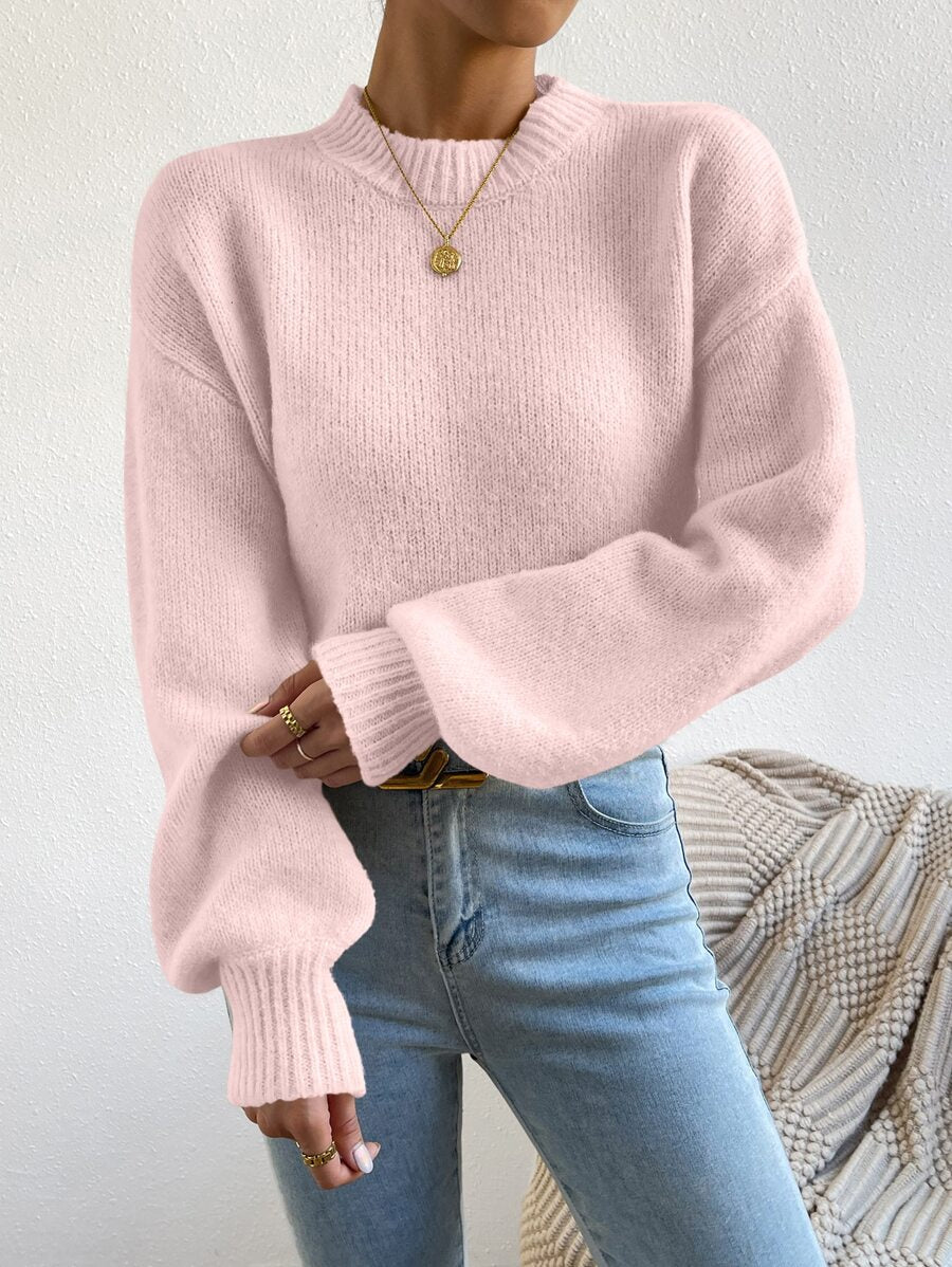 Viola Relaxed Mock Neck Sweater with Drop Shoulders - Baby Pink