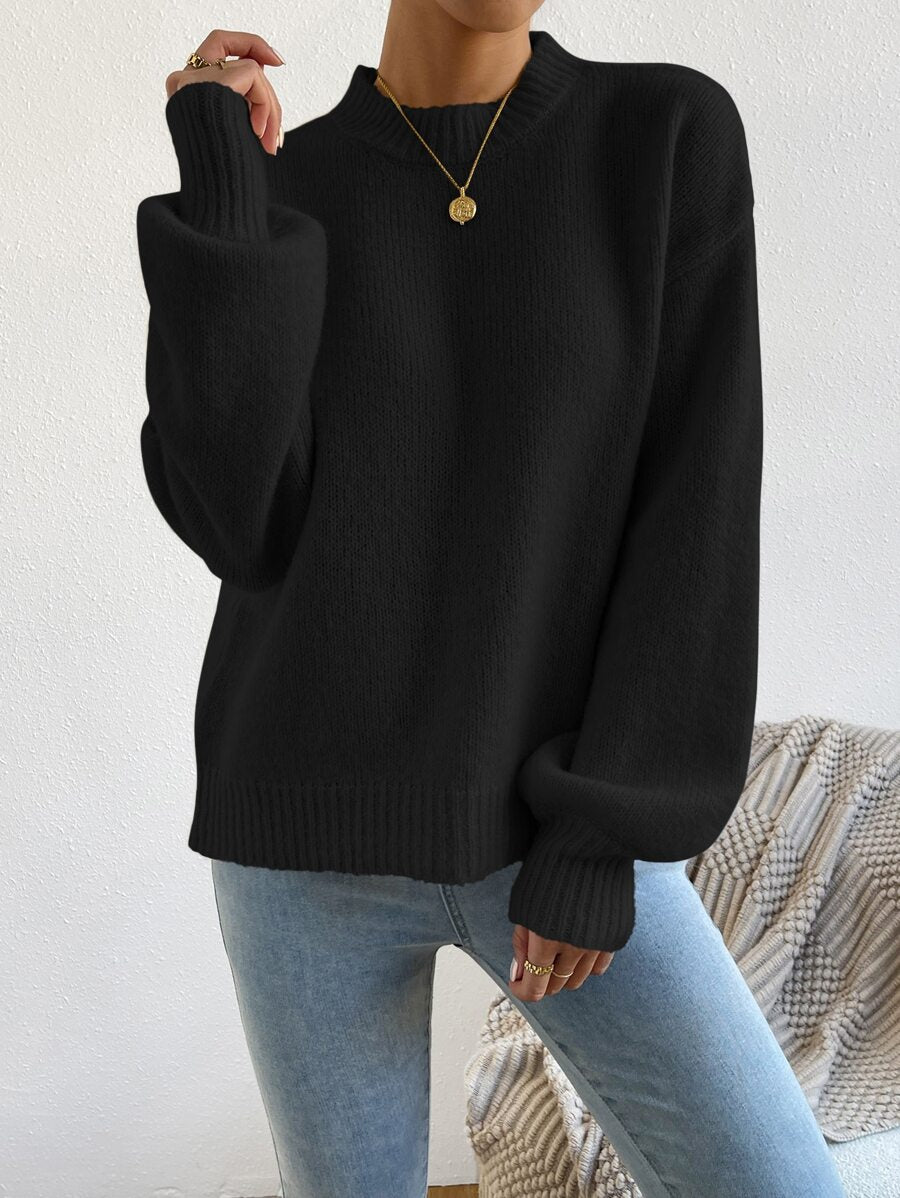 Viola Relaxed Mock Neck Sweater with Drop Shoulders - Black