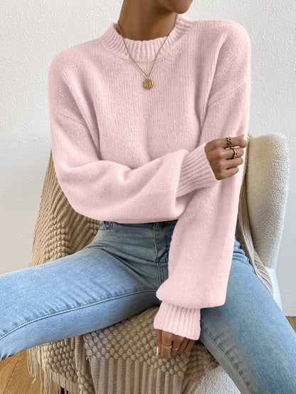 Viola Relaxed Mock Neck Sweater with Drop Shoulders - Baby Pink