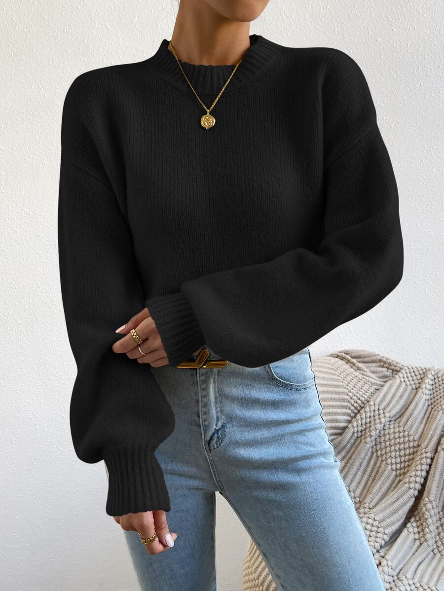 Viola Relaxed Mock Neck Sweater with Drop Shoulders - Black