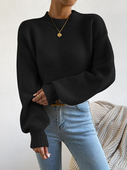 Viola Relaxed Mock Neck Sweater with Drop Shoulders - Black