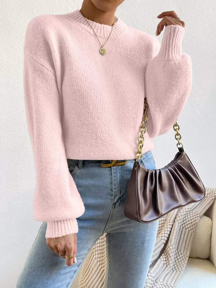 Viola Relaxed Mock Neck Sweater with Drop Shoulders - Baby Pink