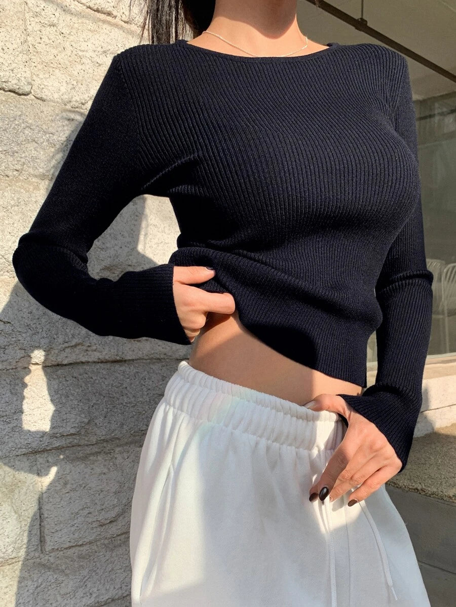 Krakow Ribbed Knit Crew Neck Fitted Pullover Sweater