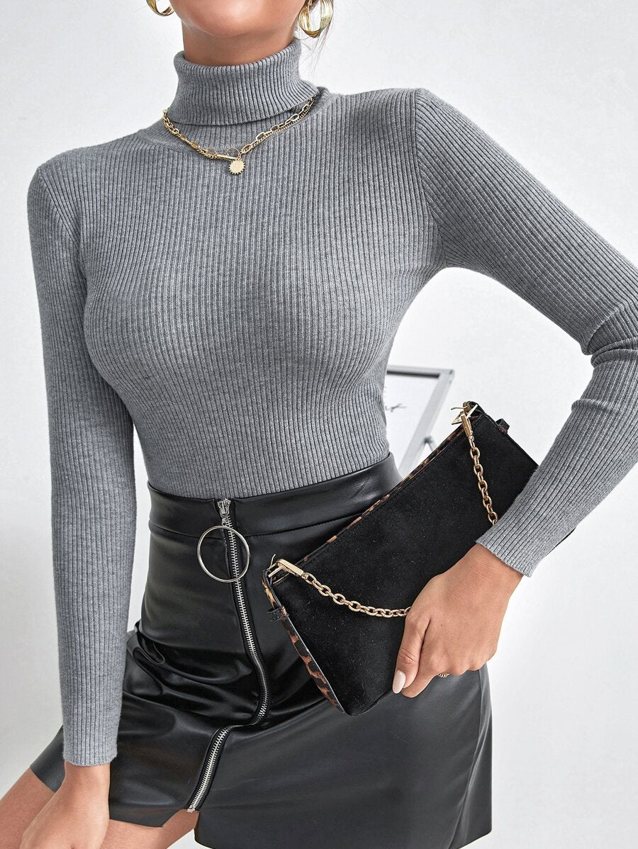 Ingrid Fitted Rib Knit Turtleneck Long Sleeve Pullover Sweater - Heather Grey