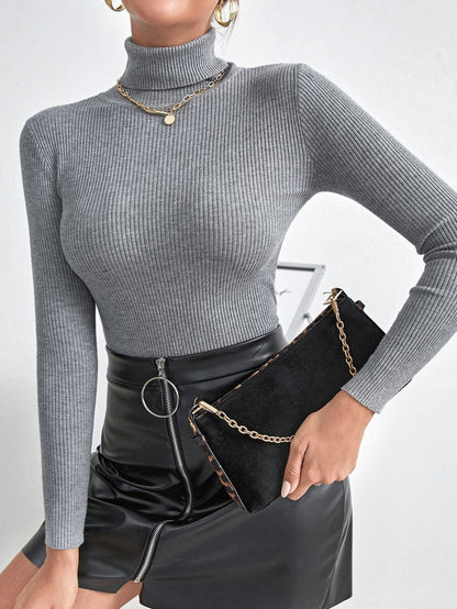 Ingrid Fitted Rib Knit Turtleneck Long Sleeve Pullover Sweater - Heather Grey