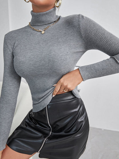 Ingrid Fitted Rib Knit Turtleneck Long Sleeve Pullover Sweater - Heather Grey