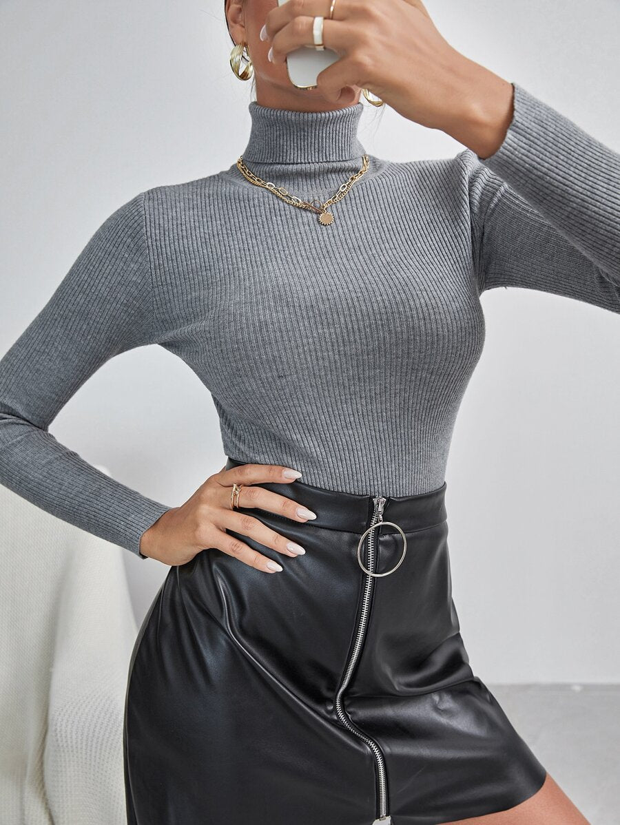 Ingrid Fitted Rib Knit Turtleneck Long Sleeve Pullover Sweater - Heather Grey