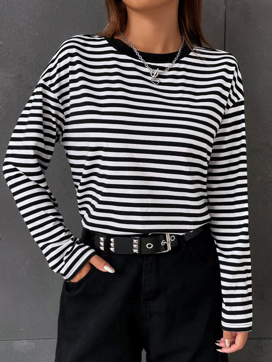 Ophelia Striped Long Sleeve Crew Neck Tee - Black and White