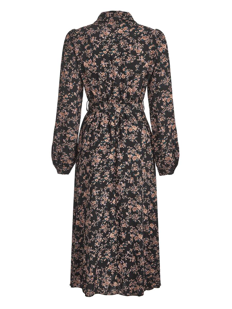 Avignon Floral Print Long Sleeve Belted Midi Shirt Dress